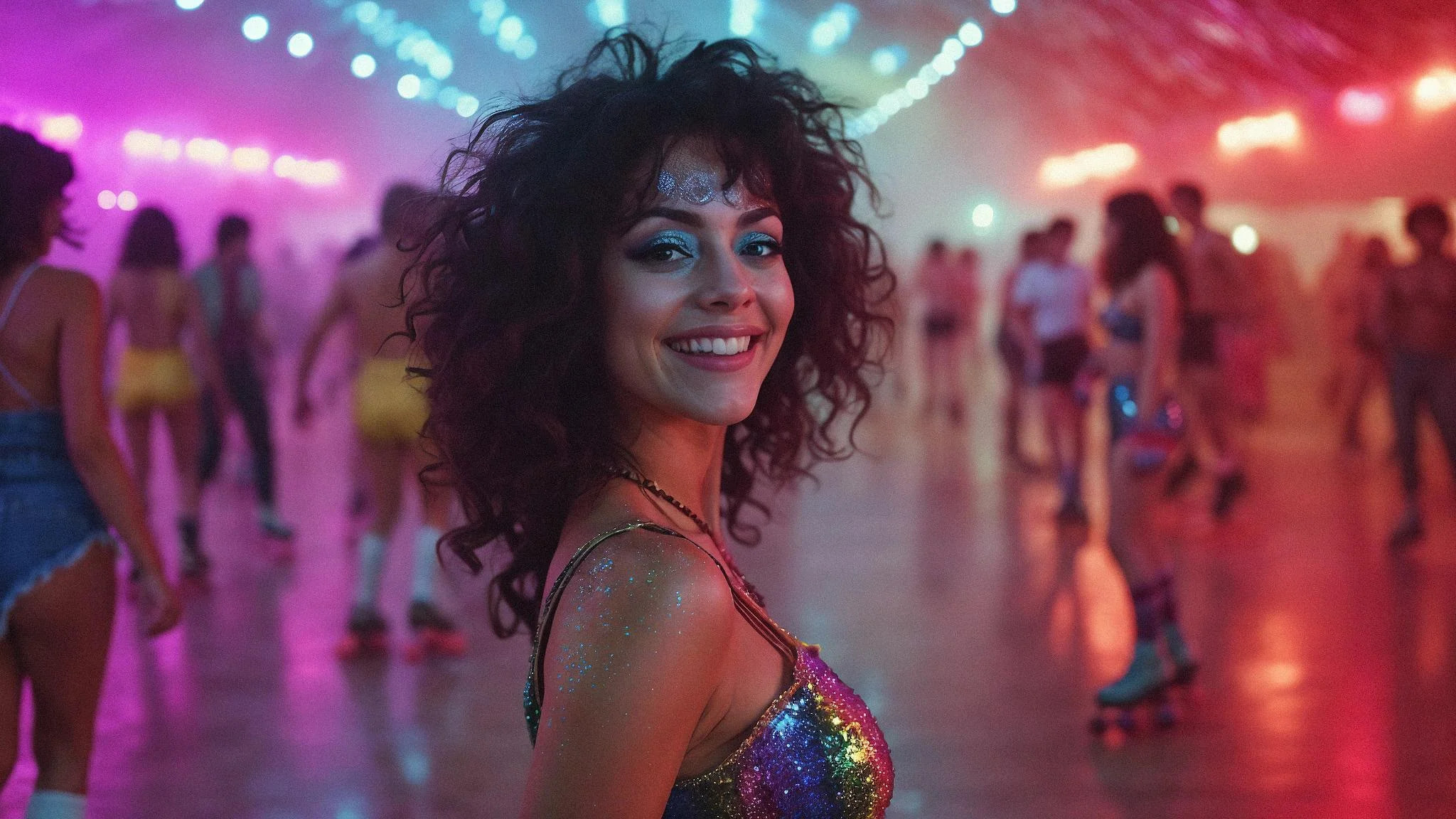 A dark-haired woman in her early thirties playing the piano accordion in the middle of an octagonal wooden dance floor with a wooden roof in the swedish forest, surrounded by dancers dancing in pairs