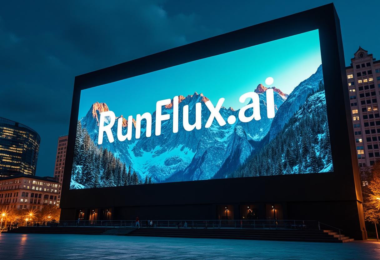 a giant movie screen in the center with text 'RunFlux.ai' and mountain outdoor background on the screen. In the city, night, vibrant, film, detailed, 8k, wide angle